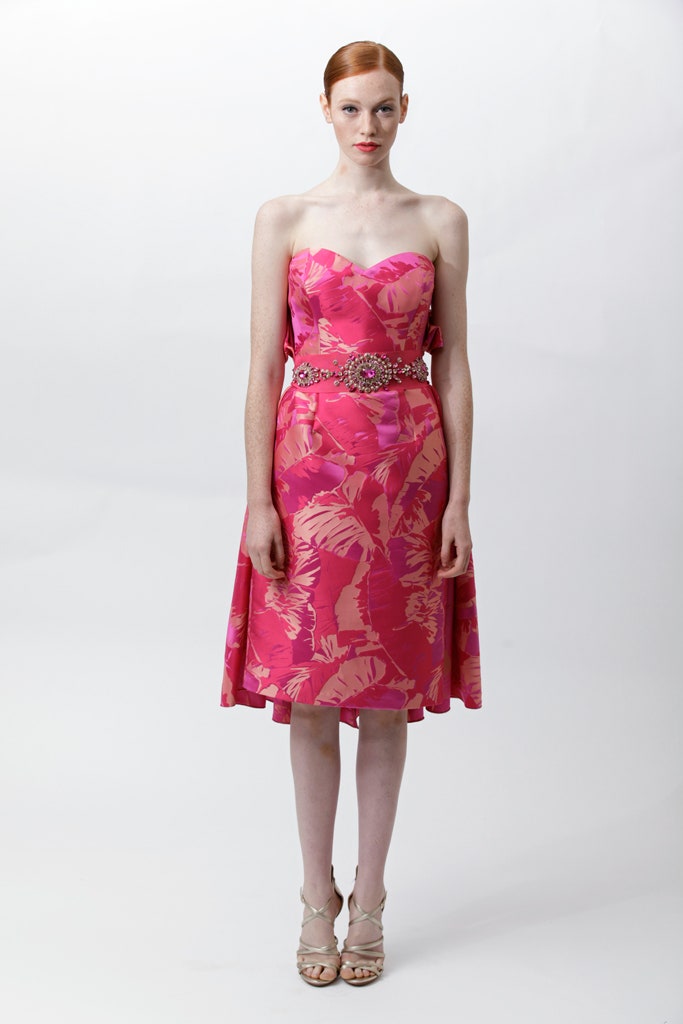 pink strapless flared dress