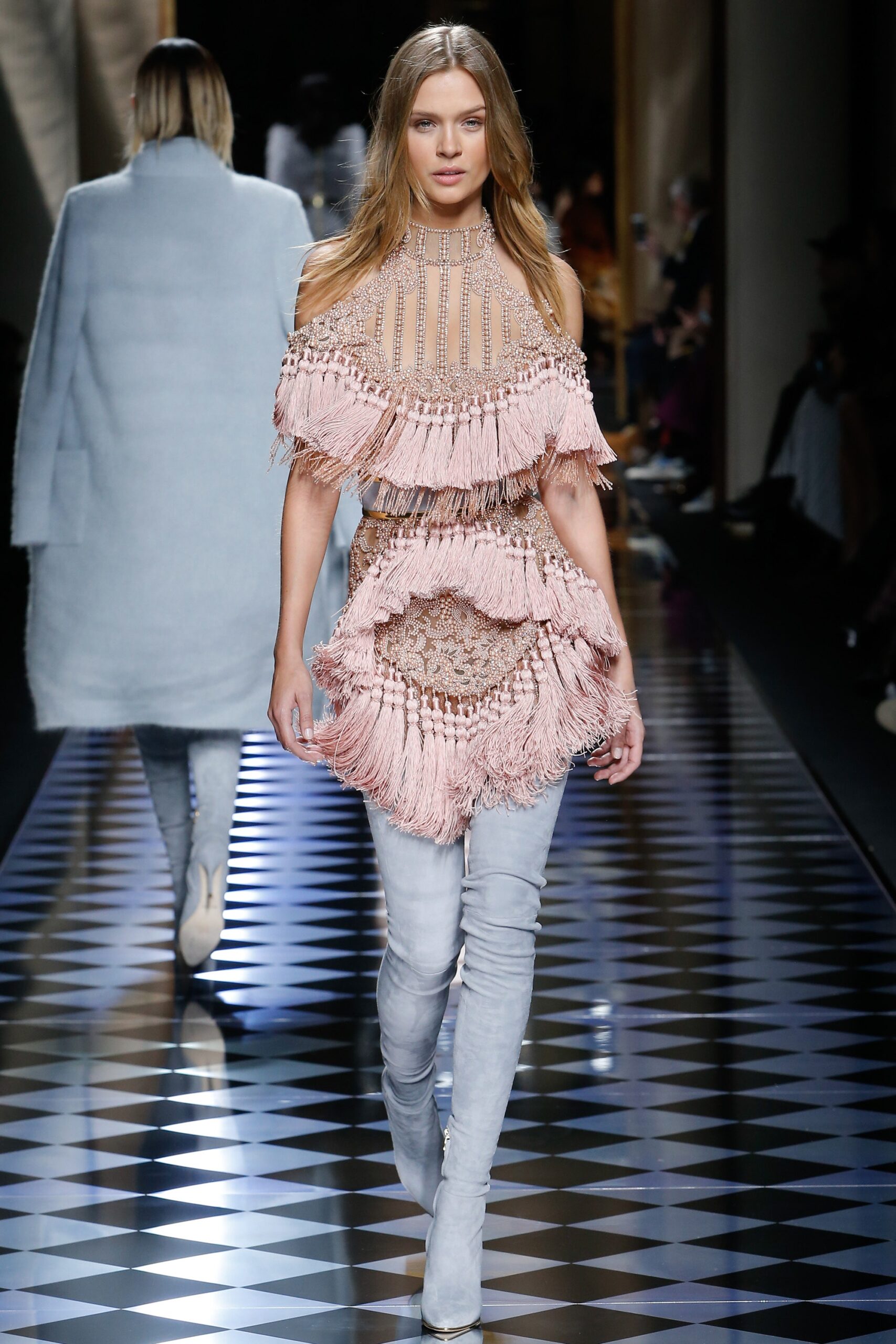 pink fringed dress with gray boots