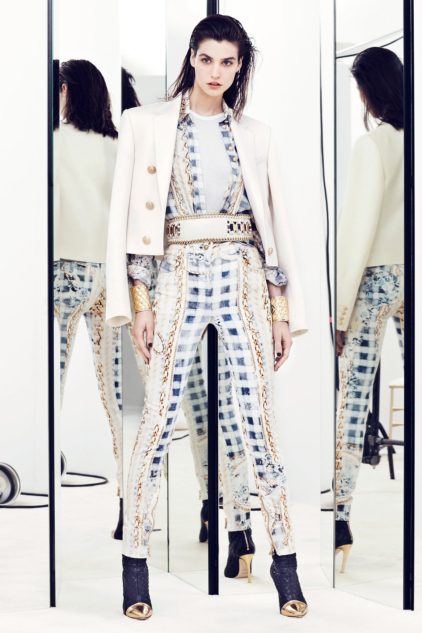 white tailored blazer with checked outfit