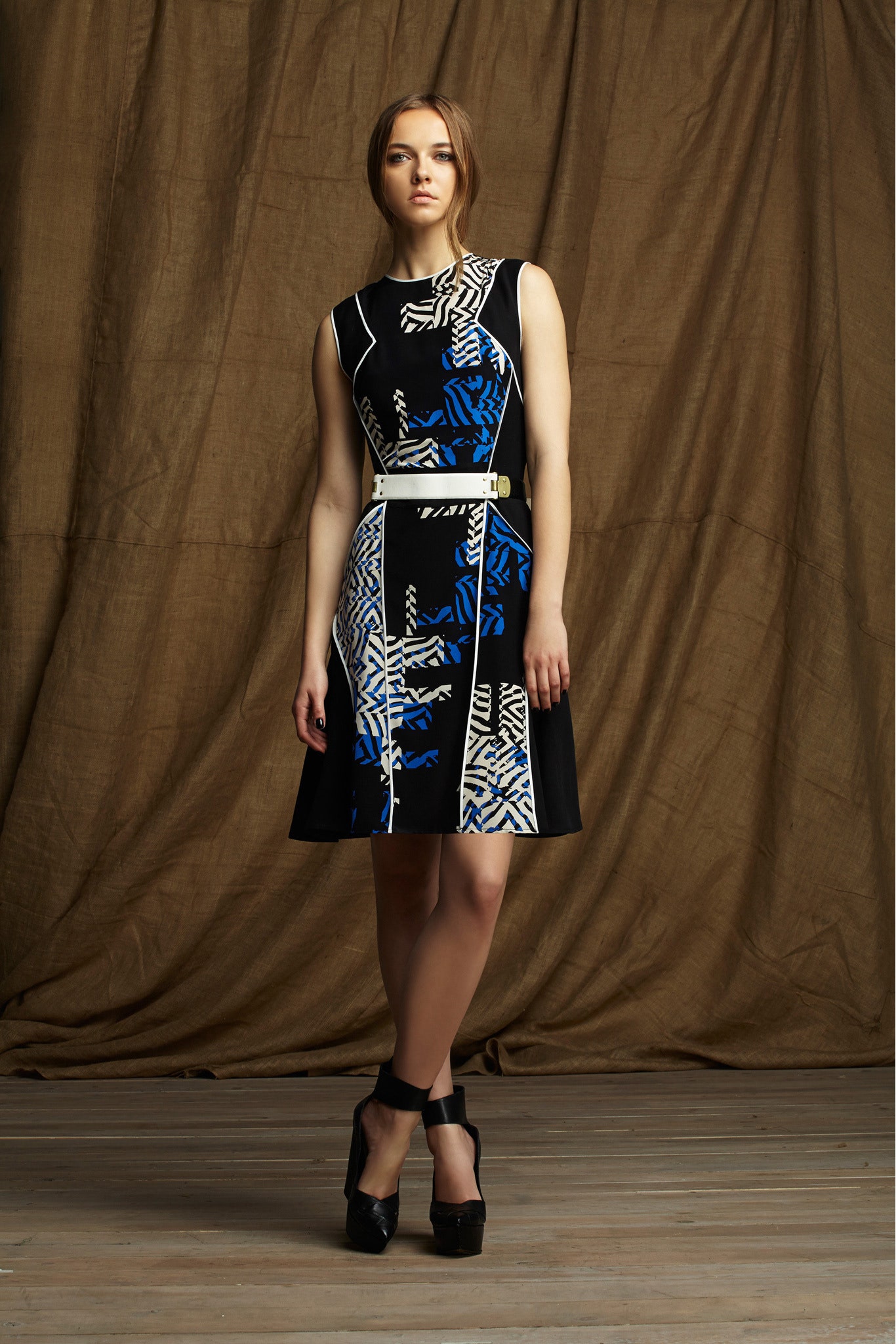 fitted black and blue printed dress