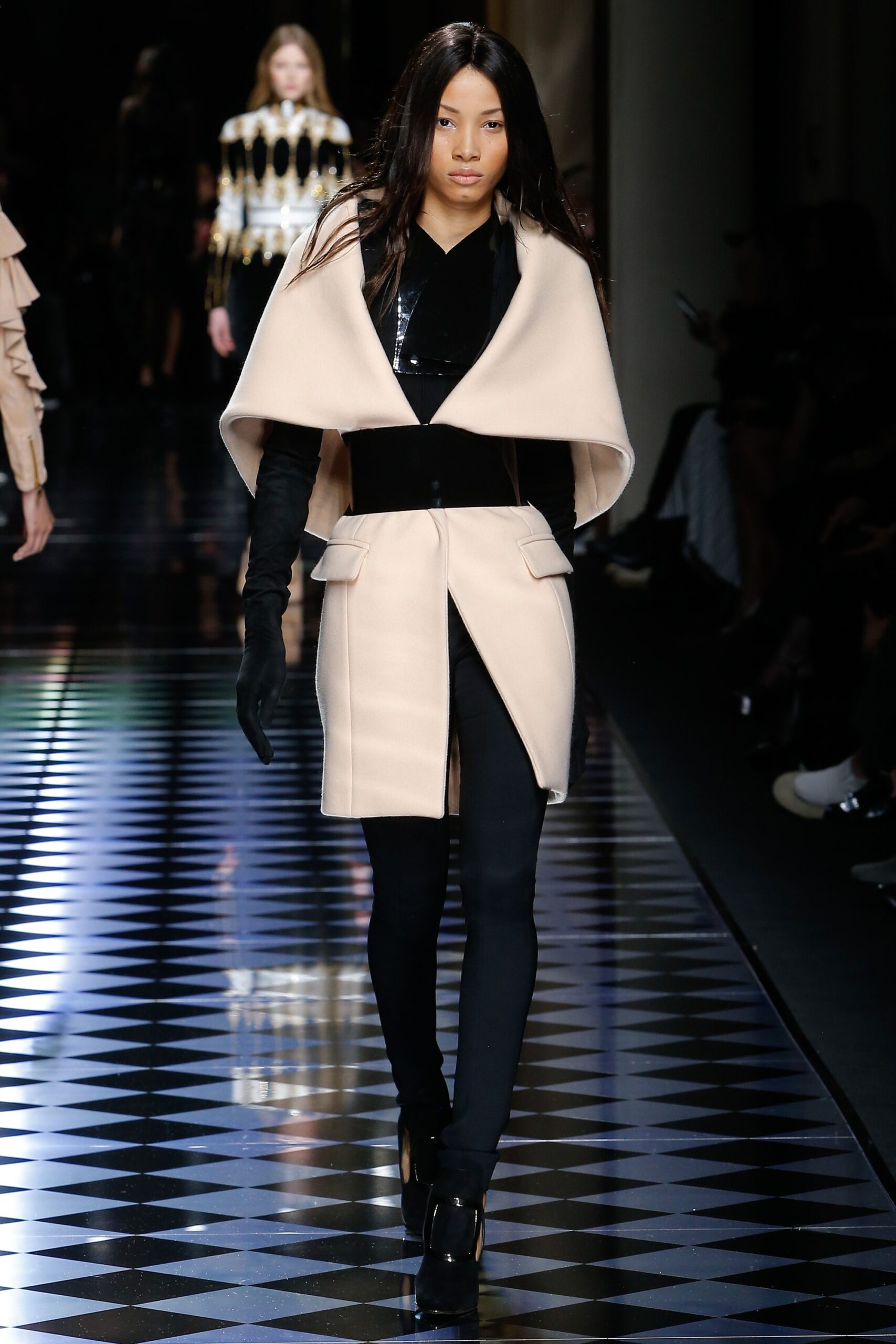 beige wool long-sleeve collared fitted belted midi coat