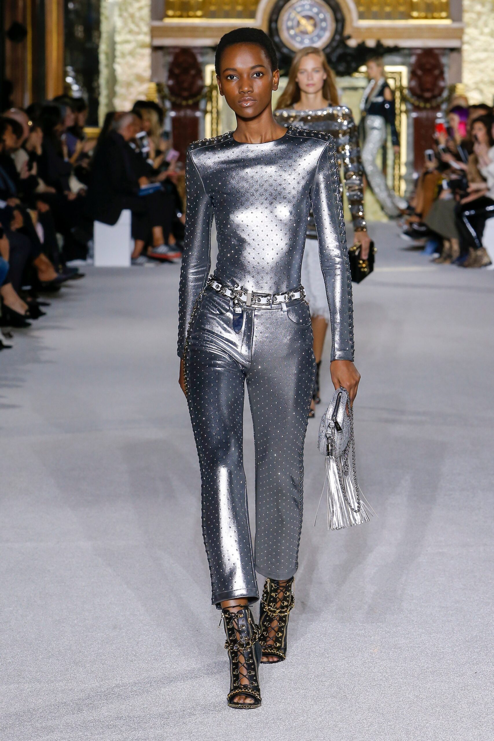 gray metallic long-sleeve high-neck fitted zippered shiny catsuit