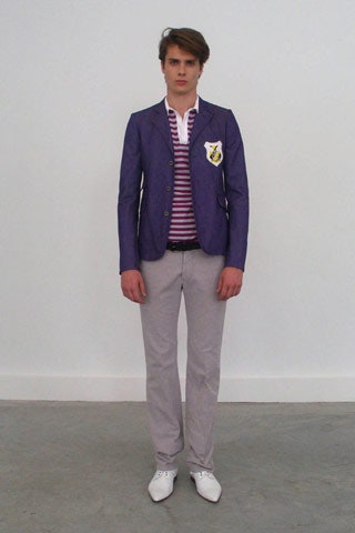 purple tailored blazer with striped top