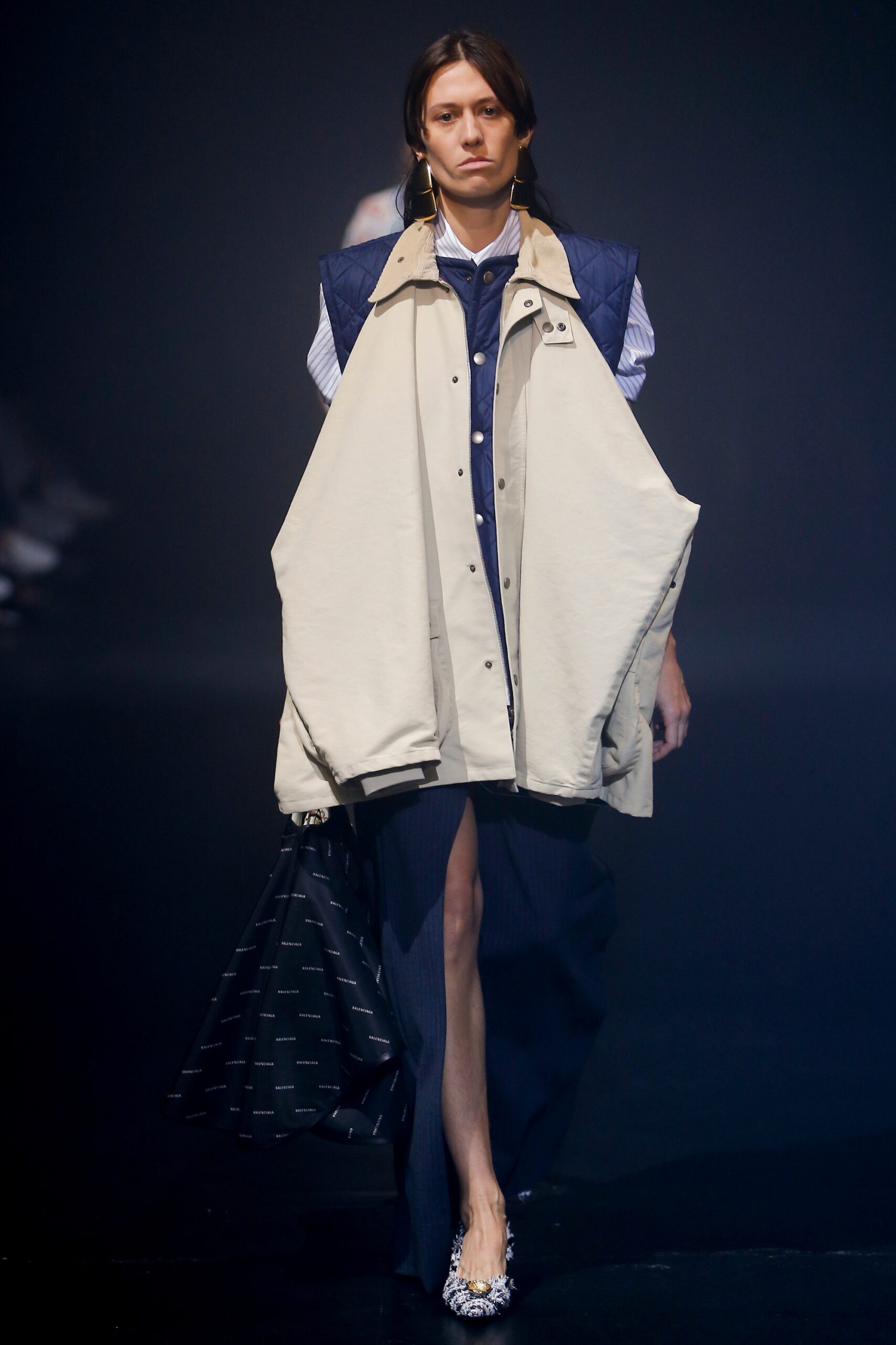 oversized beige coat with fitted shirt