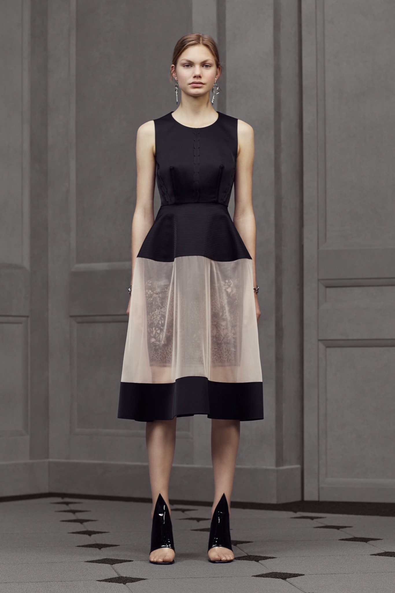 black silk sleeveless high-neck fitted pleated a-line dress