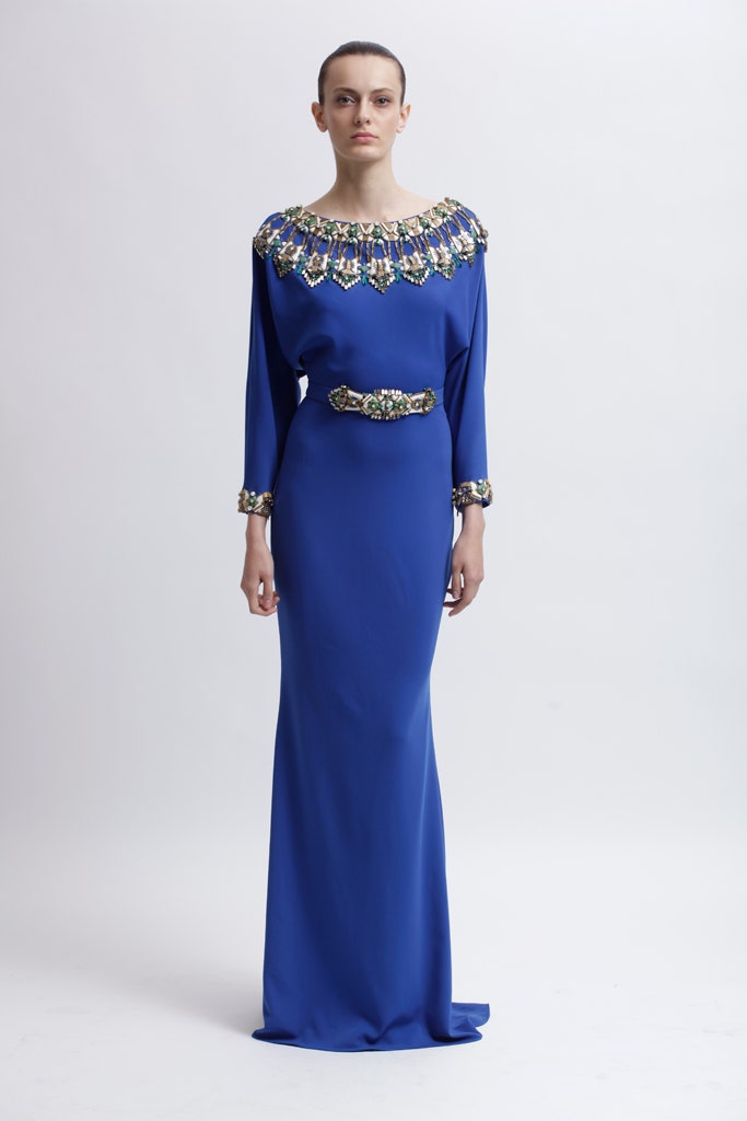 blue silk fitted gown
