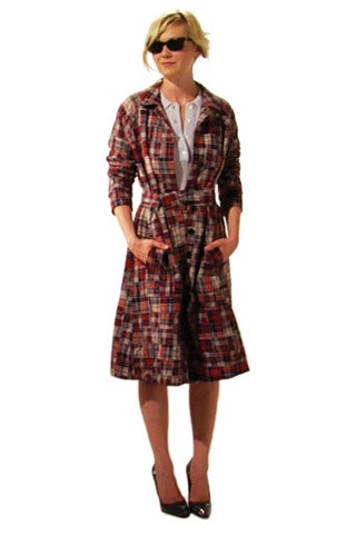 red plaid coat with white shirt