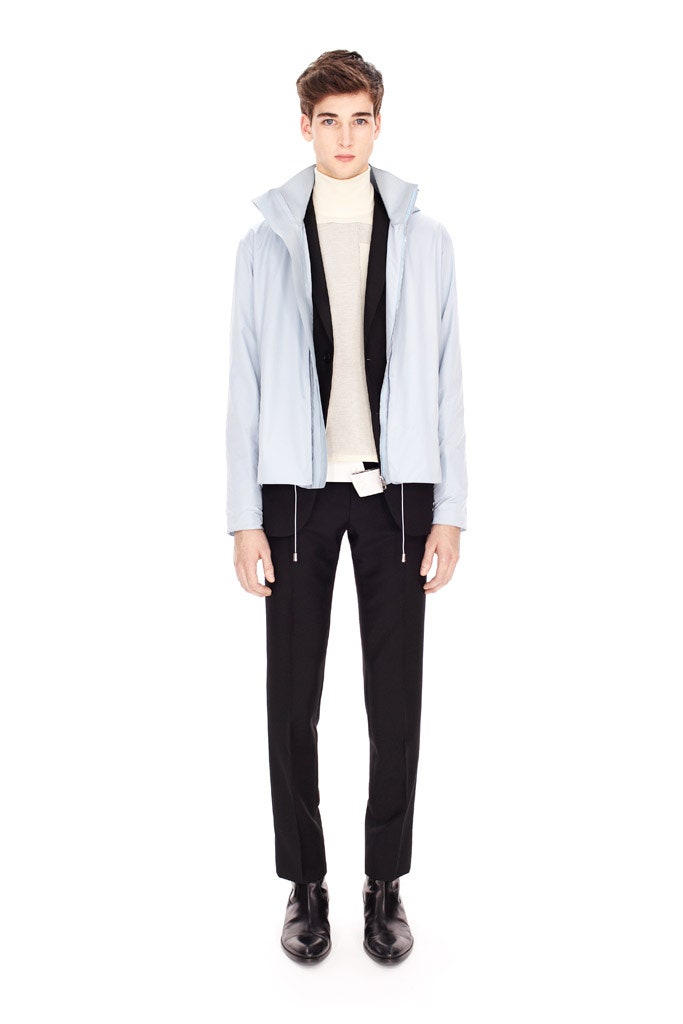 light blue jacket with white sweater