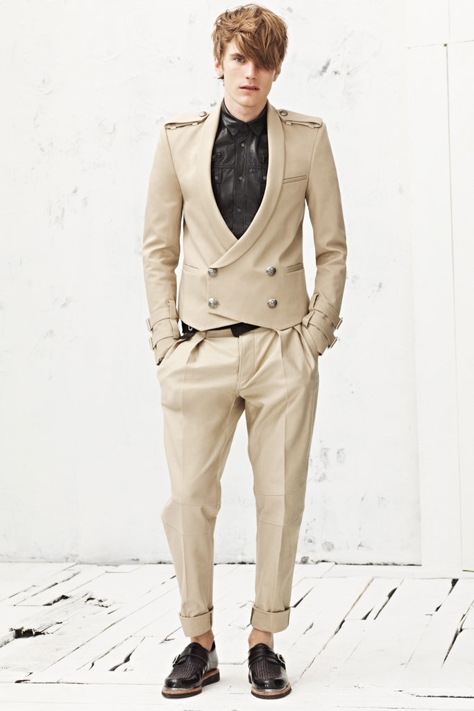 beige leather long-sleeve collared tailored buttoned suit