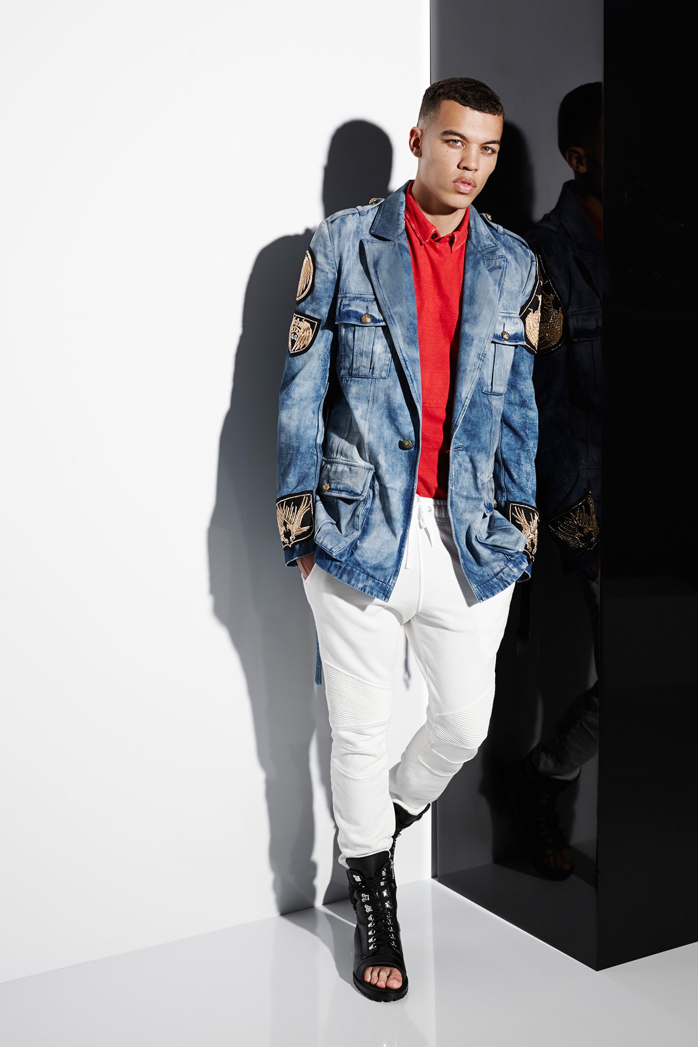 blue denim long-sleeve collared relaxed embroidered jacket