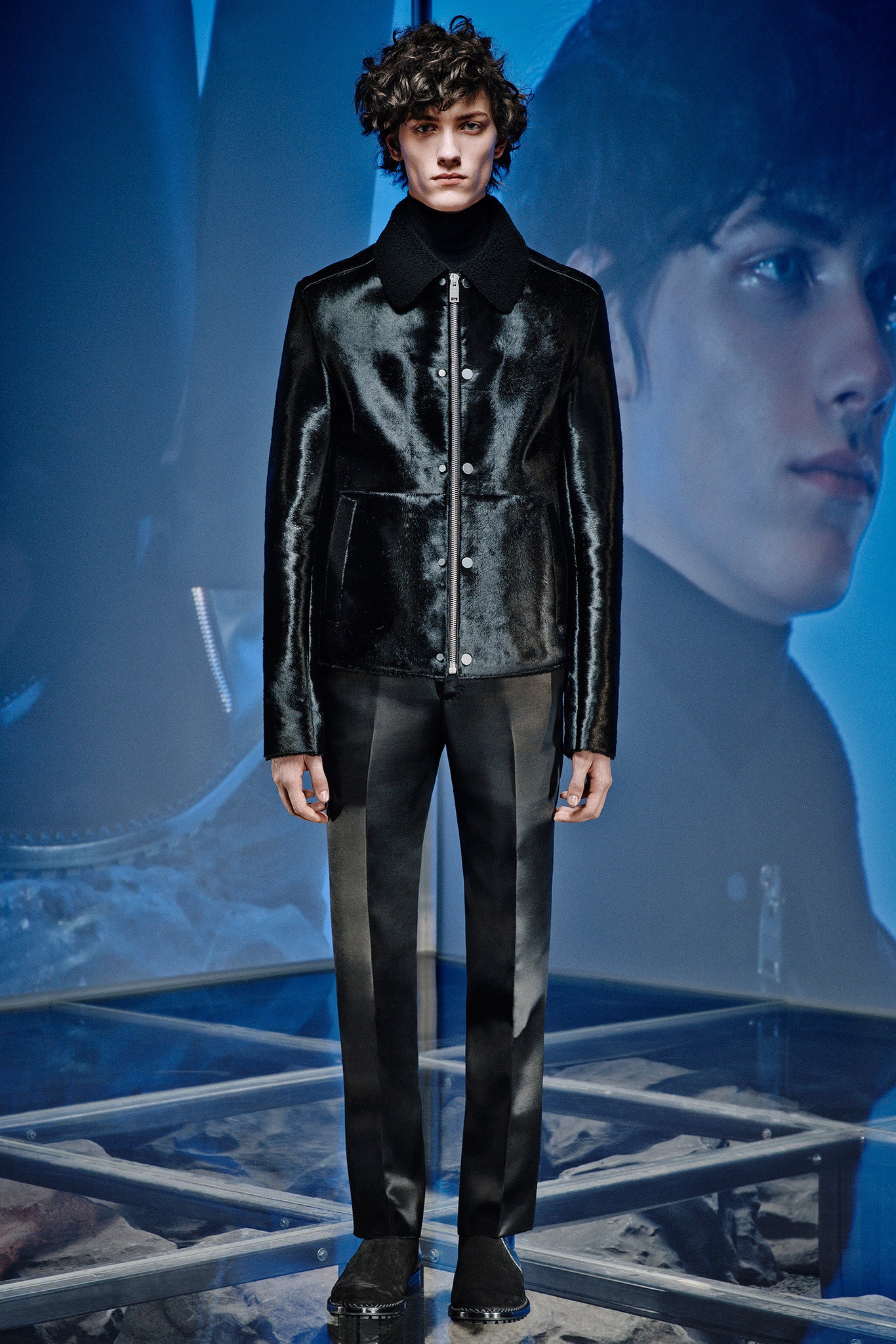 black fur long-sleeve collared fitted zippered shiny jacket