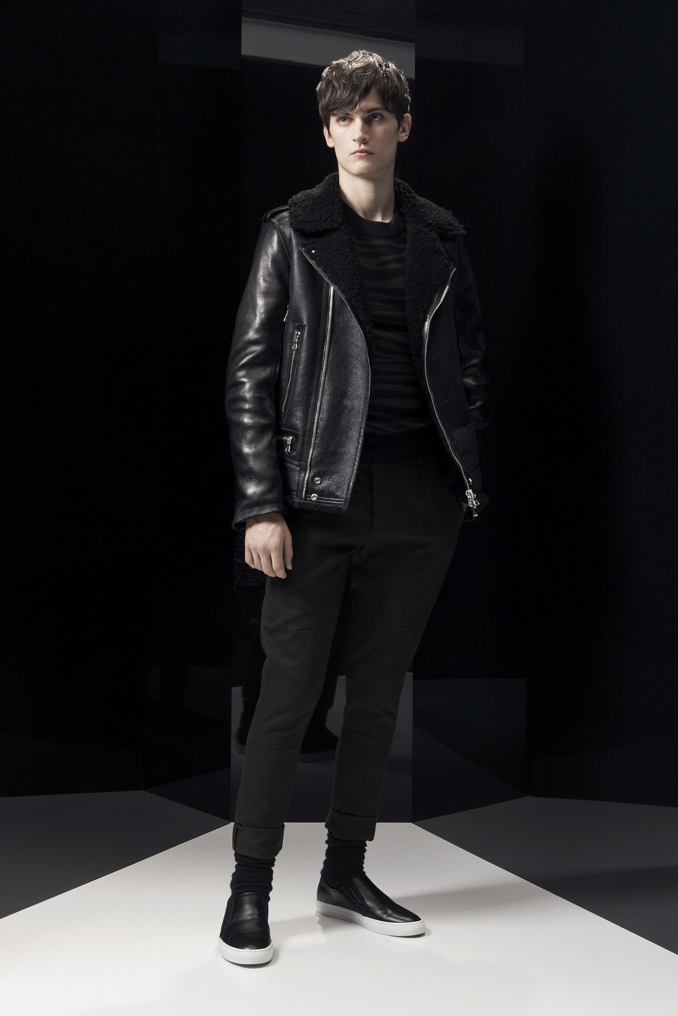 black leather jacket with fitted shirt