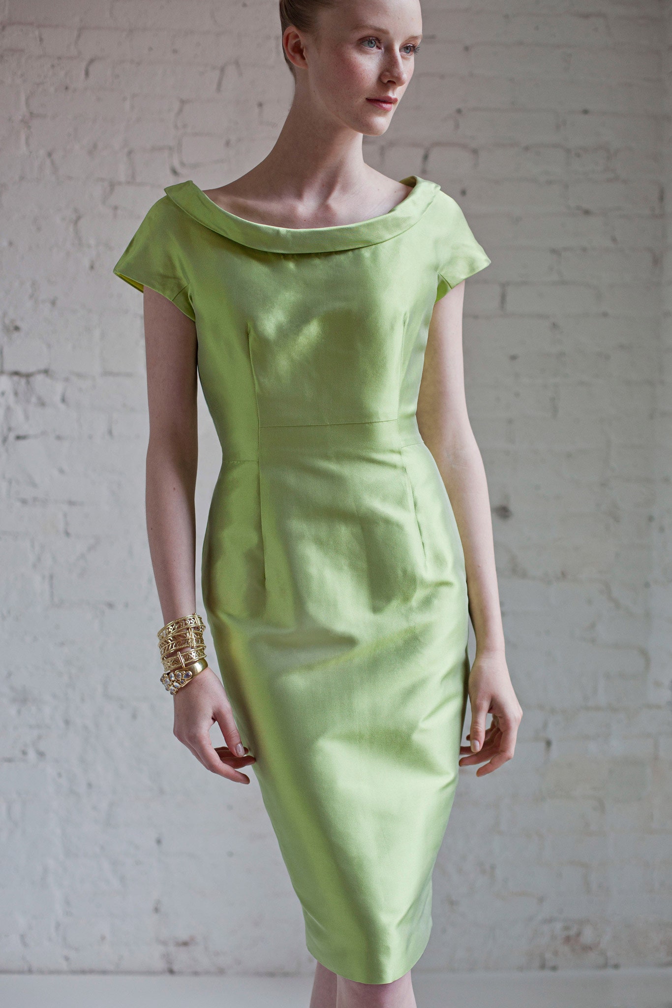 fitted green silk midi dress