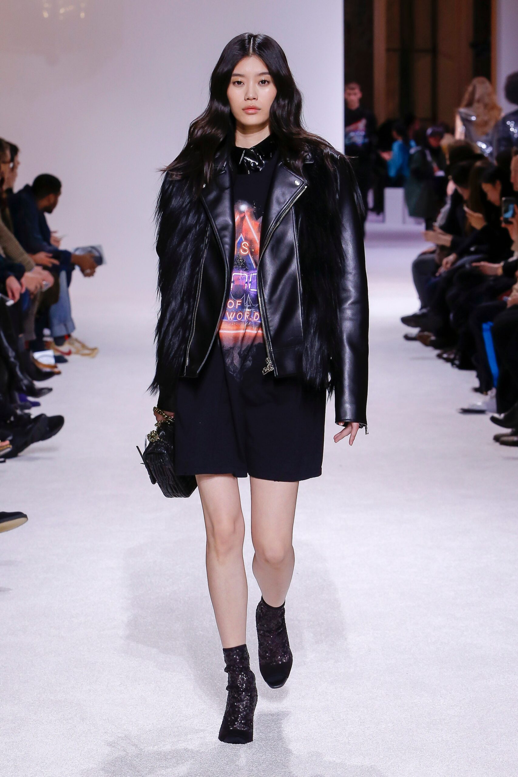 black leather jacket with t-shirt and skirt
