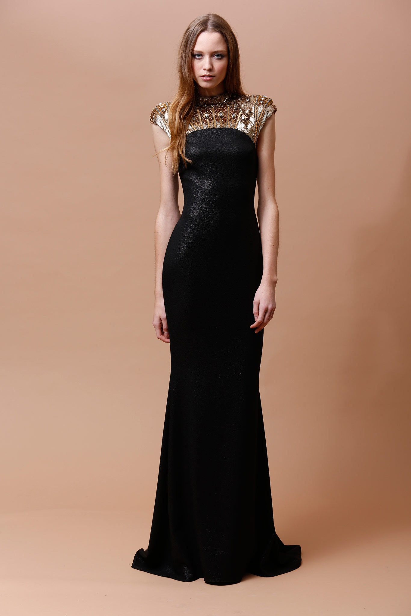 black and gold embellished gown