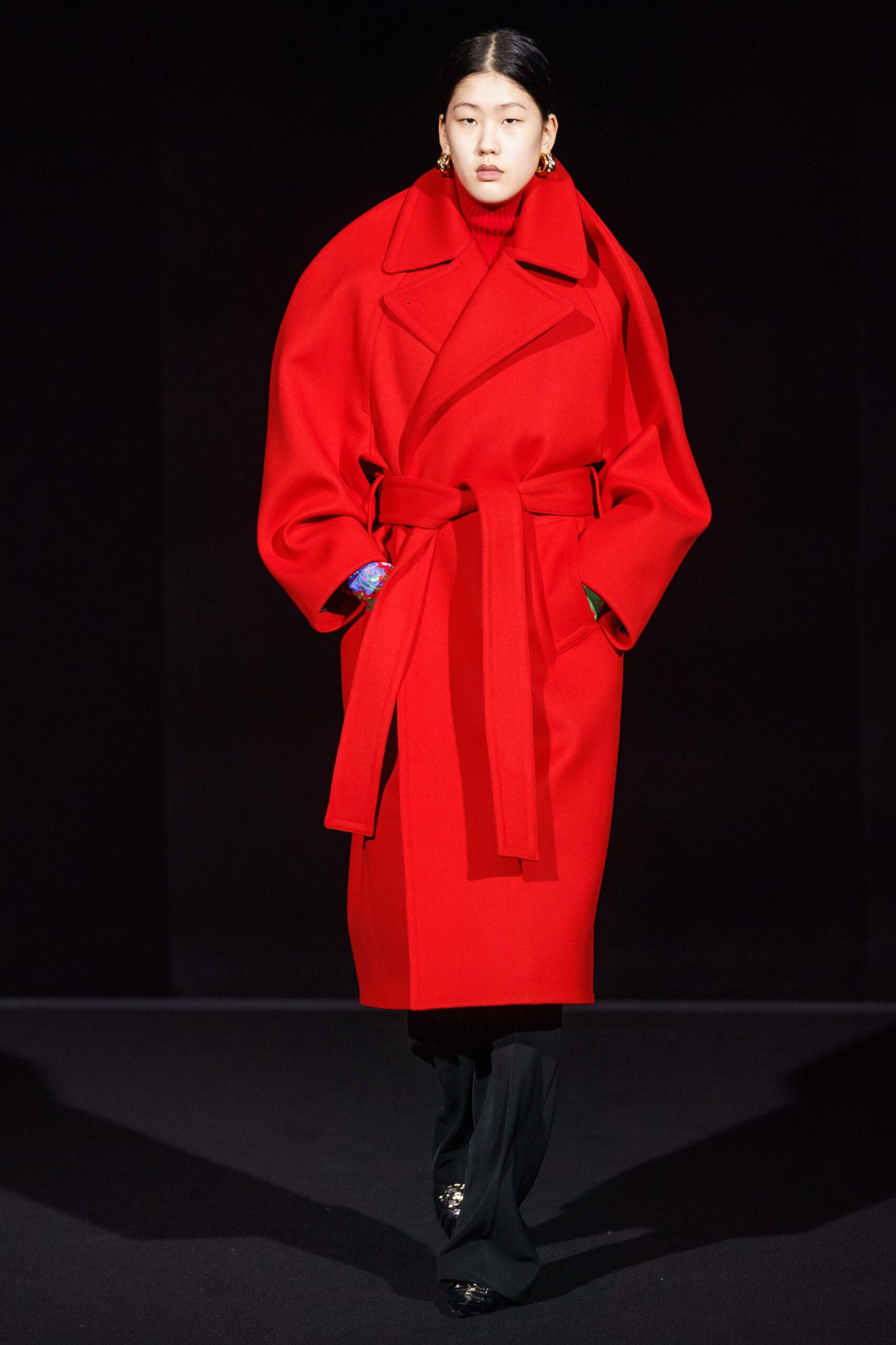 red wool long-sleeve collared oversized belted coat