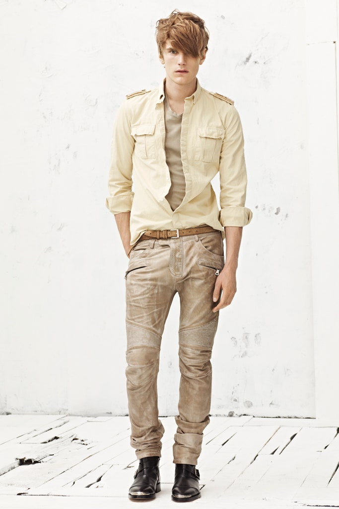beige shirt brown leather pants