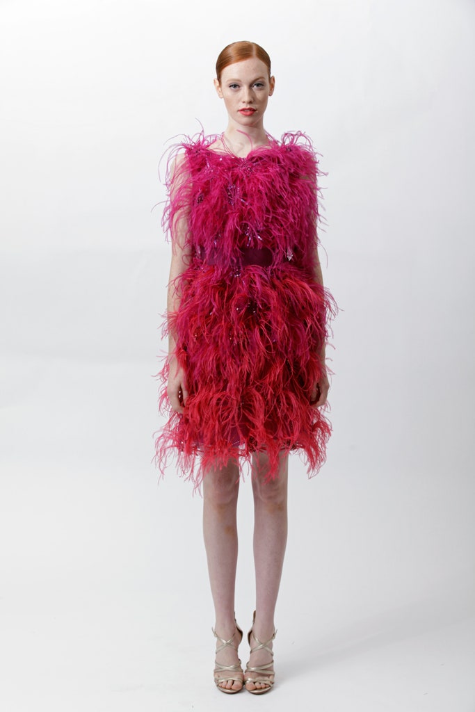 pink feathered mini dress