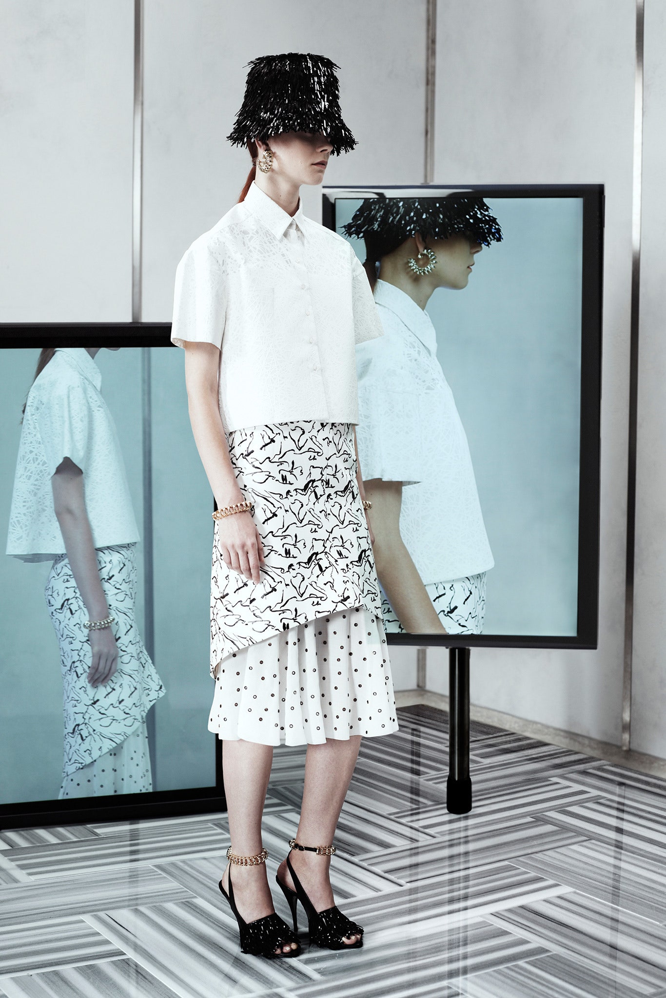 white relaxed top with pleated skirt