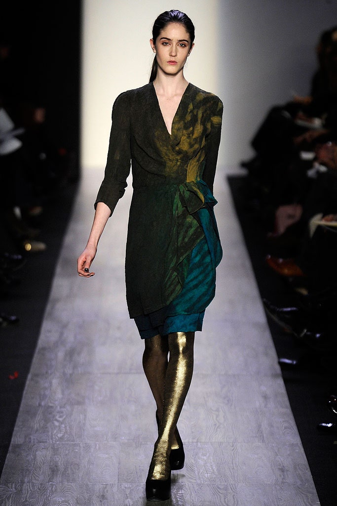 green and blue draped midi dress