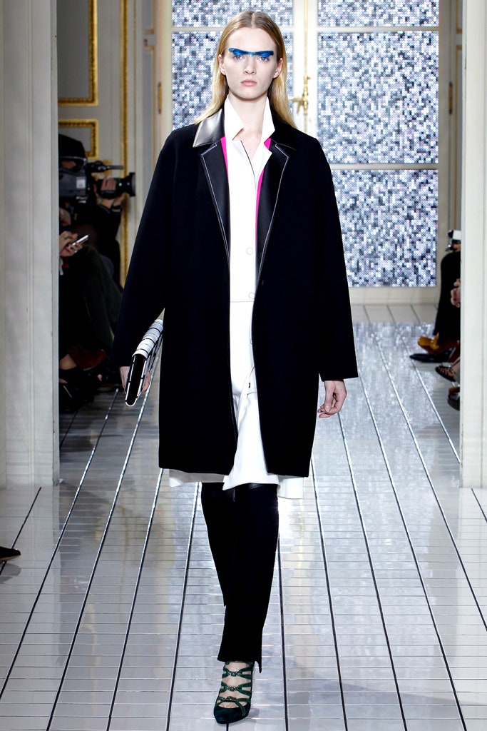 black coat white dress black pants