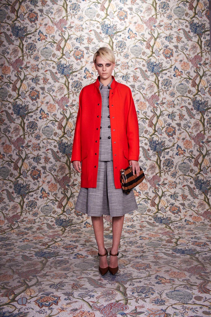 red coat gray dress brown heels