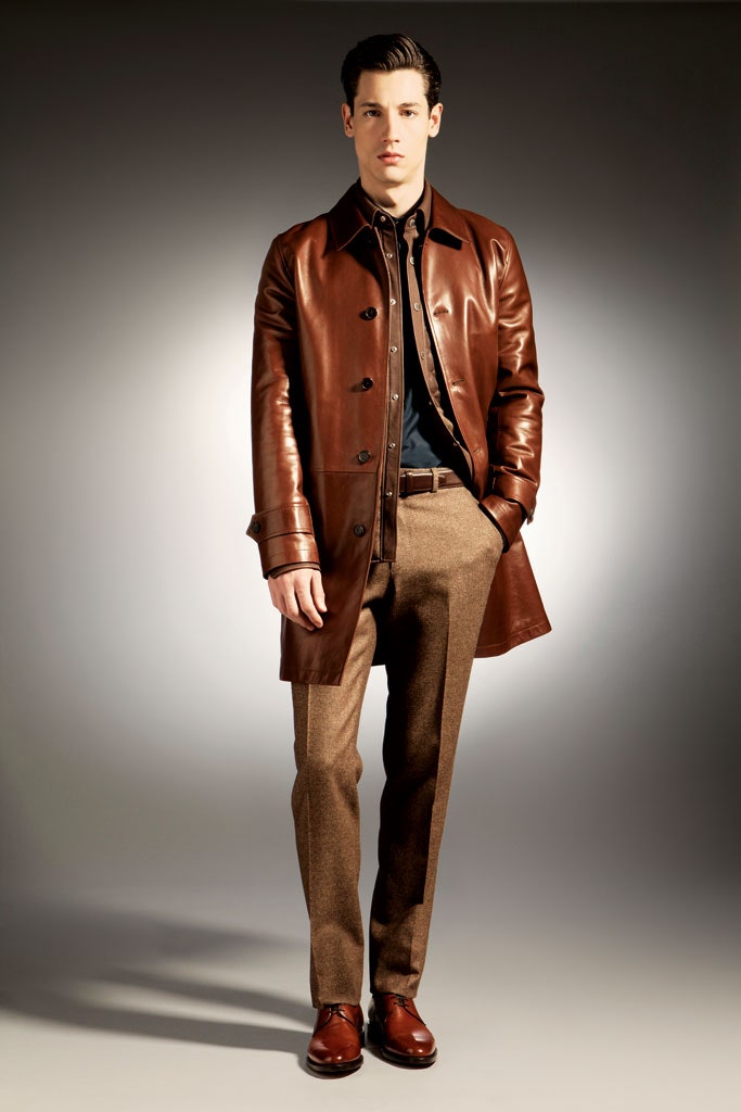 brown leather coat with tailored pants