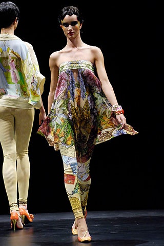 multi-colored strapless dress with fitted pants