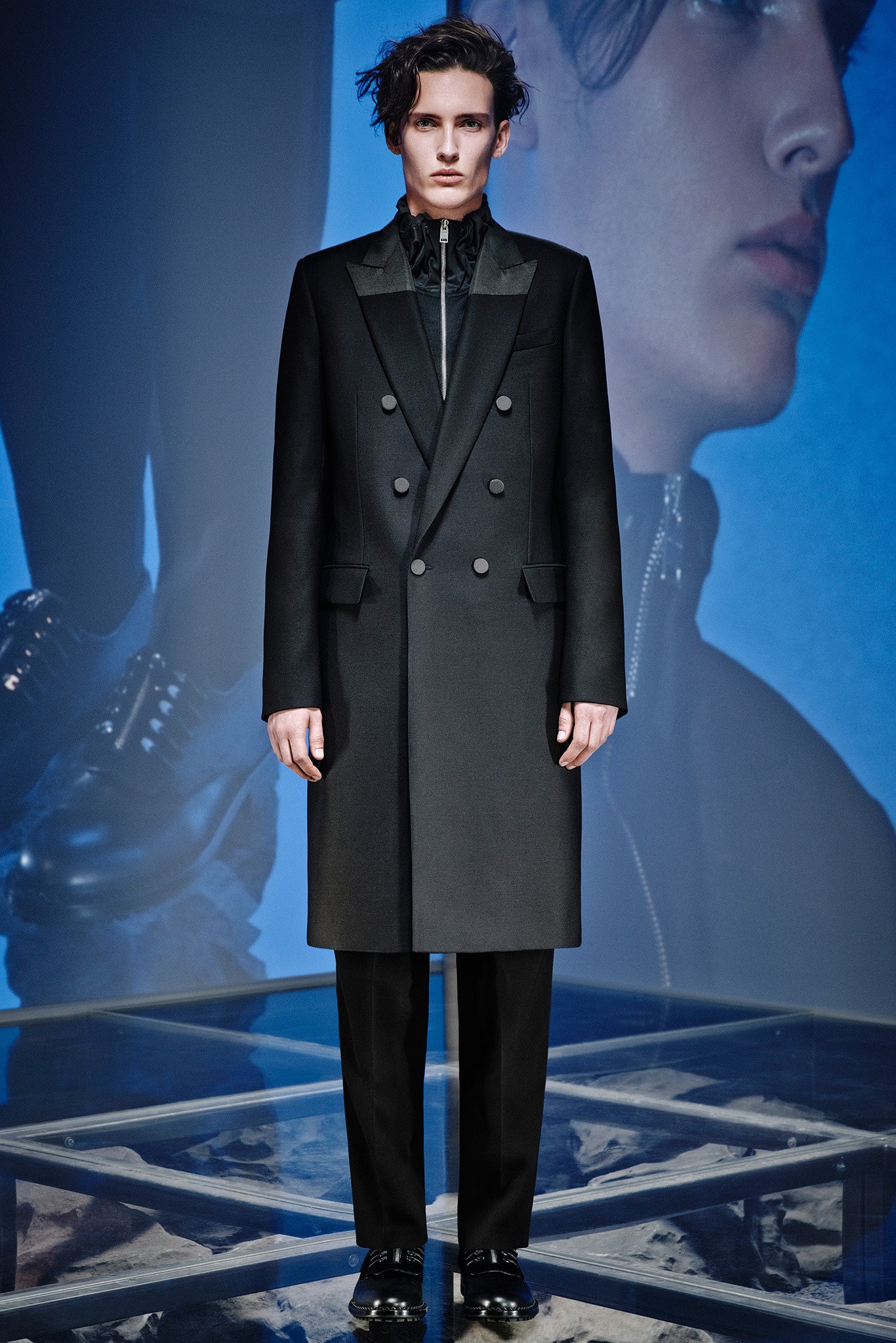 black tailored coat and pants
