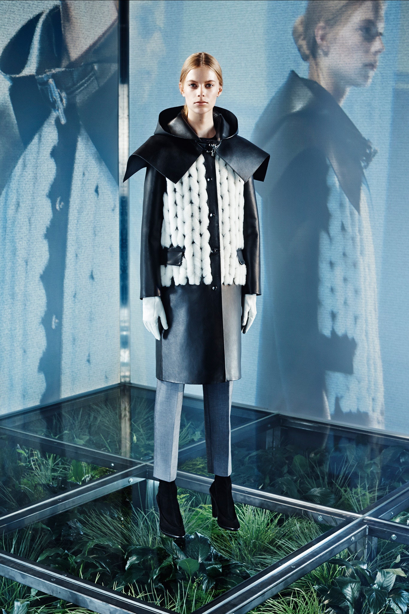 black and white leather coat