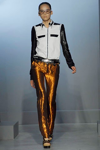 orange silk slim straight-leg shiny pants