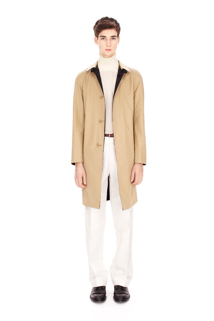 beige coat with white turtleneck