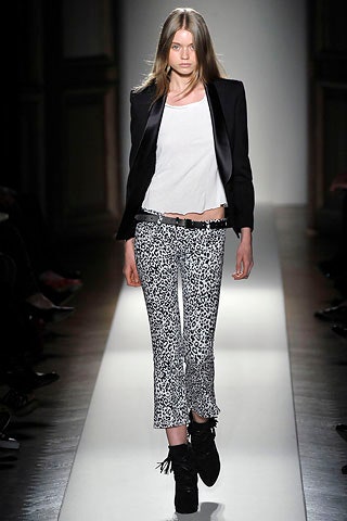 black blazer white top animal-print pants
