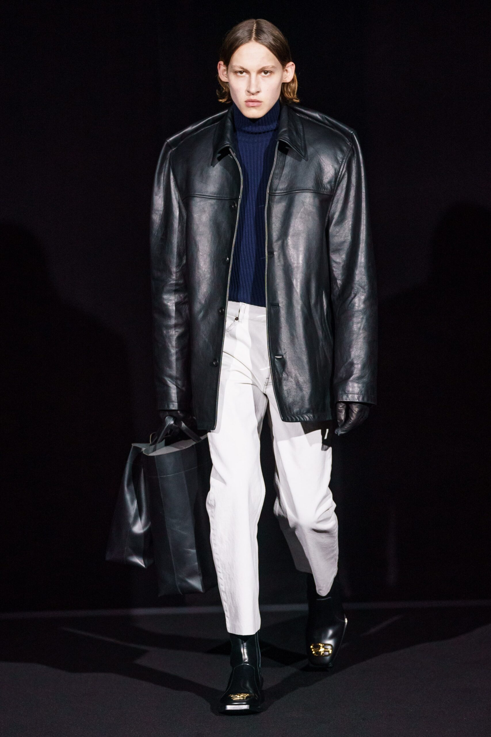 black leather long-sleeve oversized buttoned coat