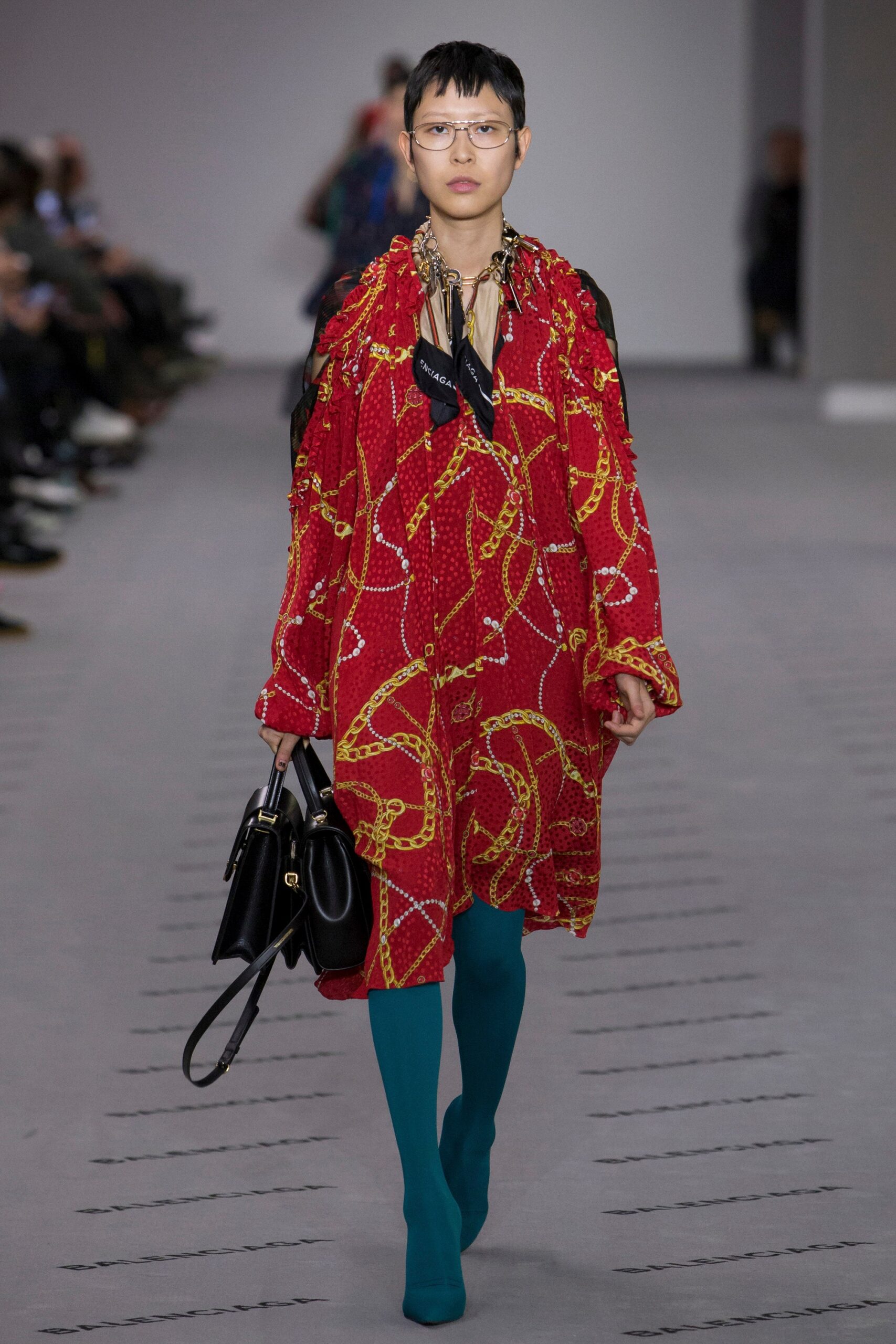 red silk long-sleeve collared relaxed printed midi dress