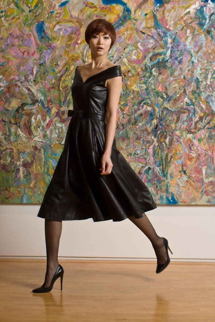 black leather sleeveless dress