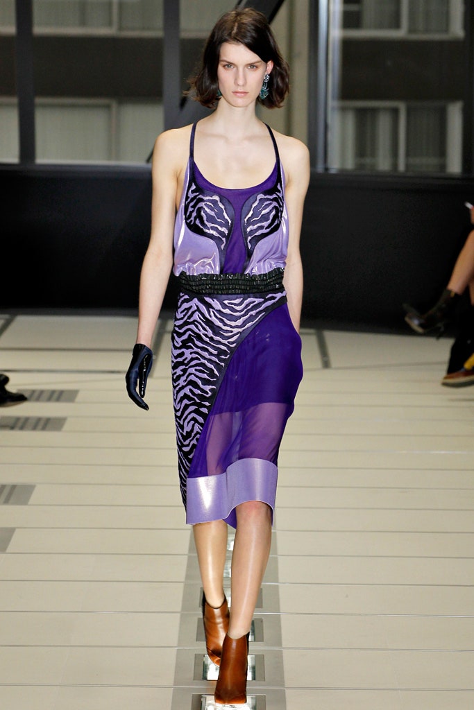 purple silk sleeveless v-neck fitted printed draped dress