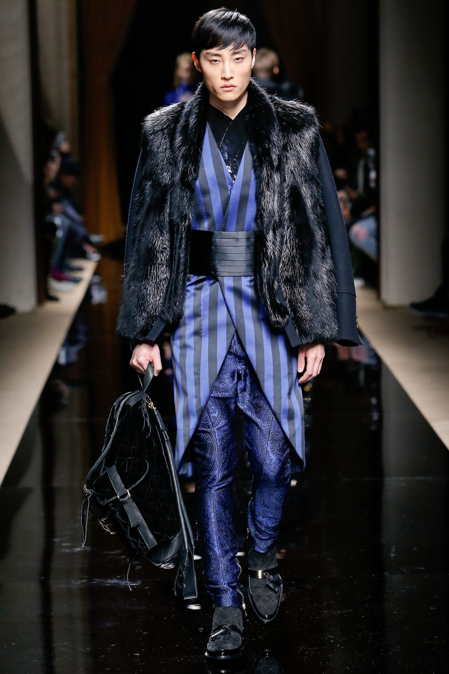 blue silk long-sleeve collared fitted striped jacket