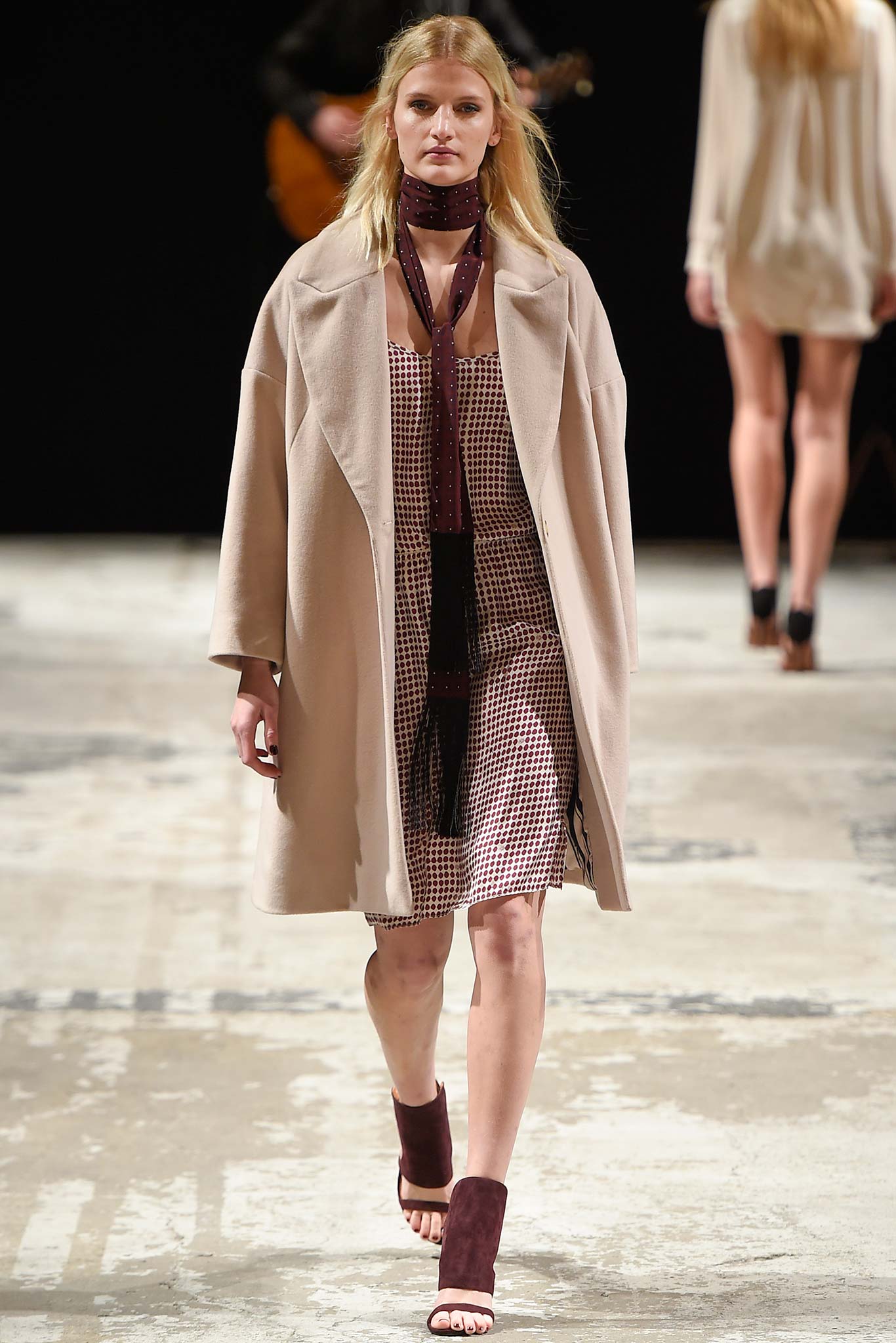 beige wool coat with mini dress