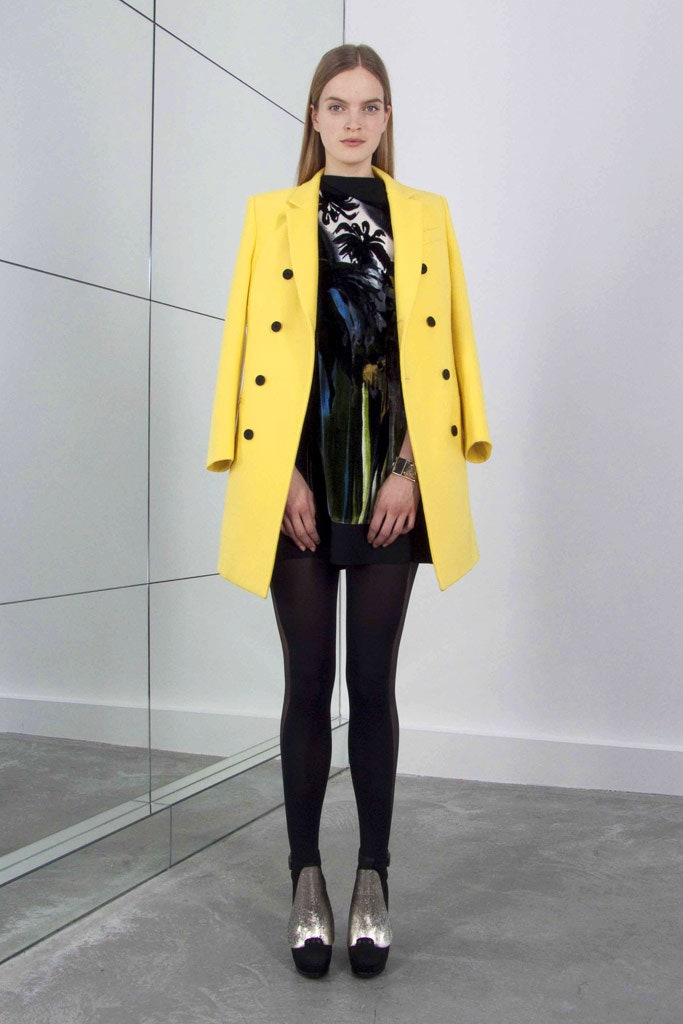 yellow tailored coat with mini dress