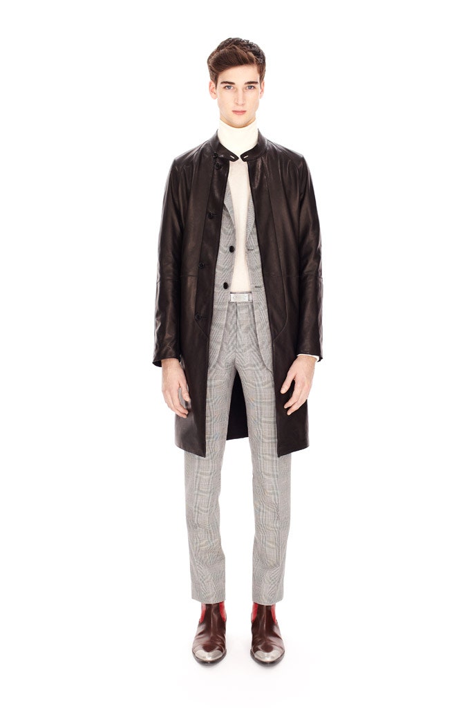 black leather coat with gray suit