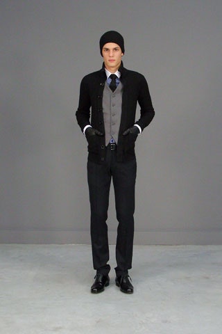 black wool cardigan with gray vest