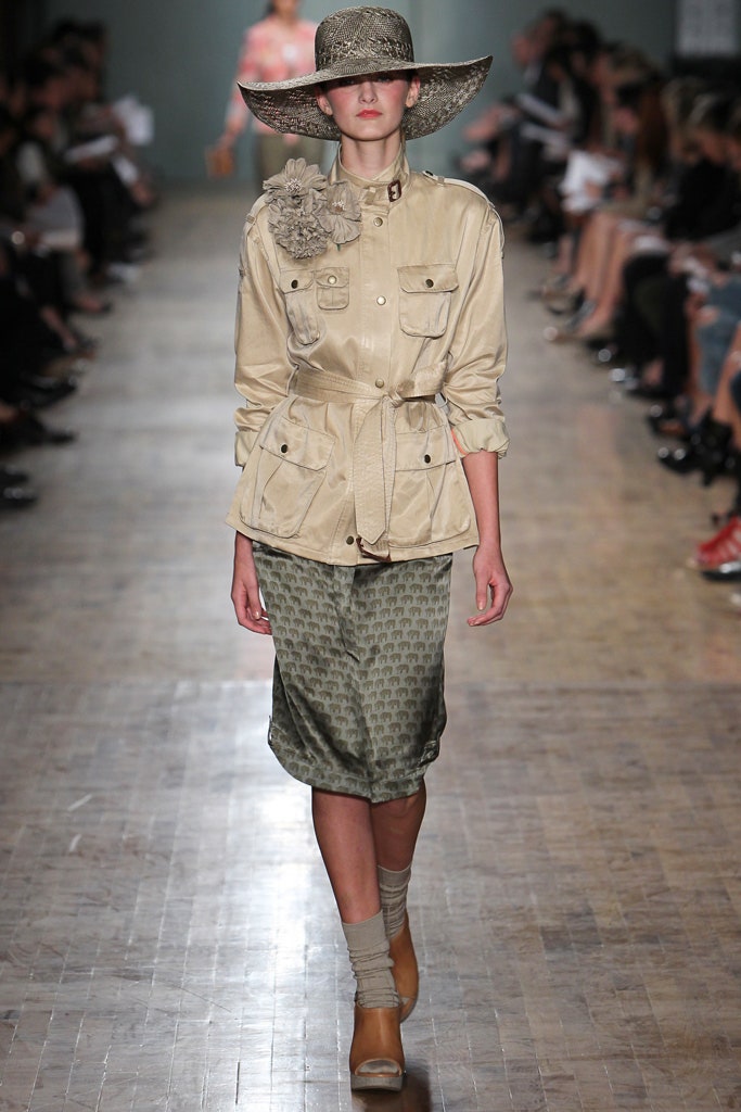 beige jacket green pencil skirt