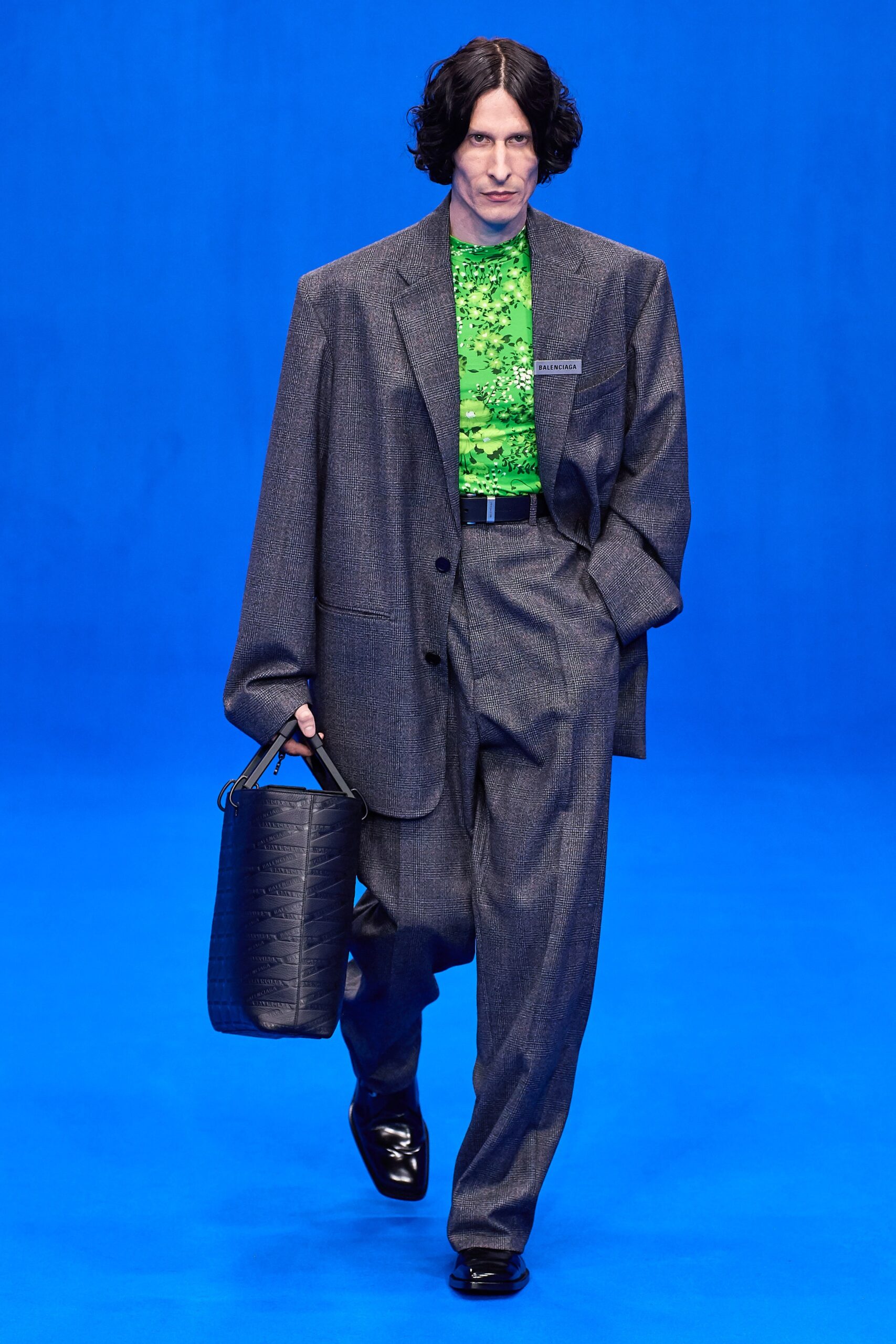 gray oversized blazer with green top