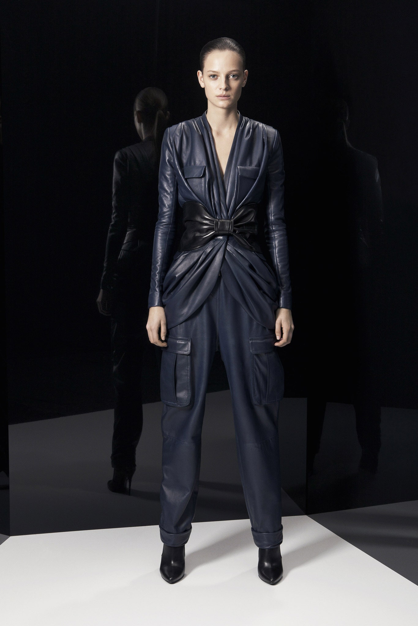 blue leather fitted jumpsuit