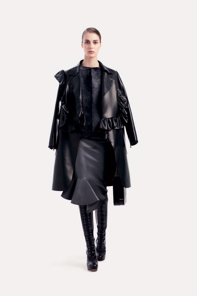black leather long-sleeve collared fitted draped coat