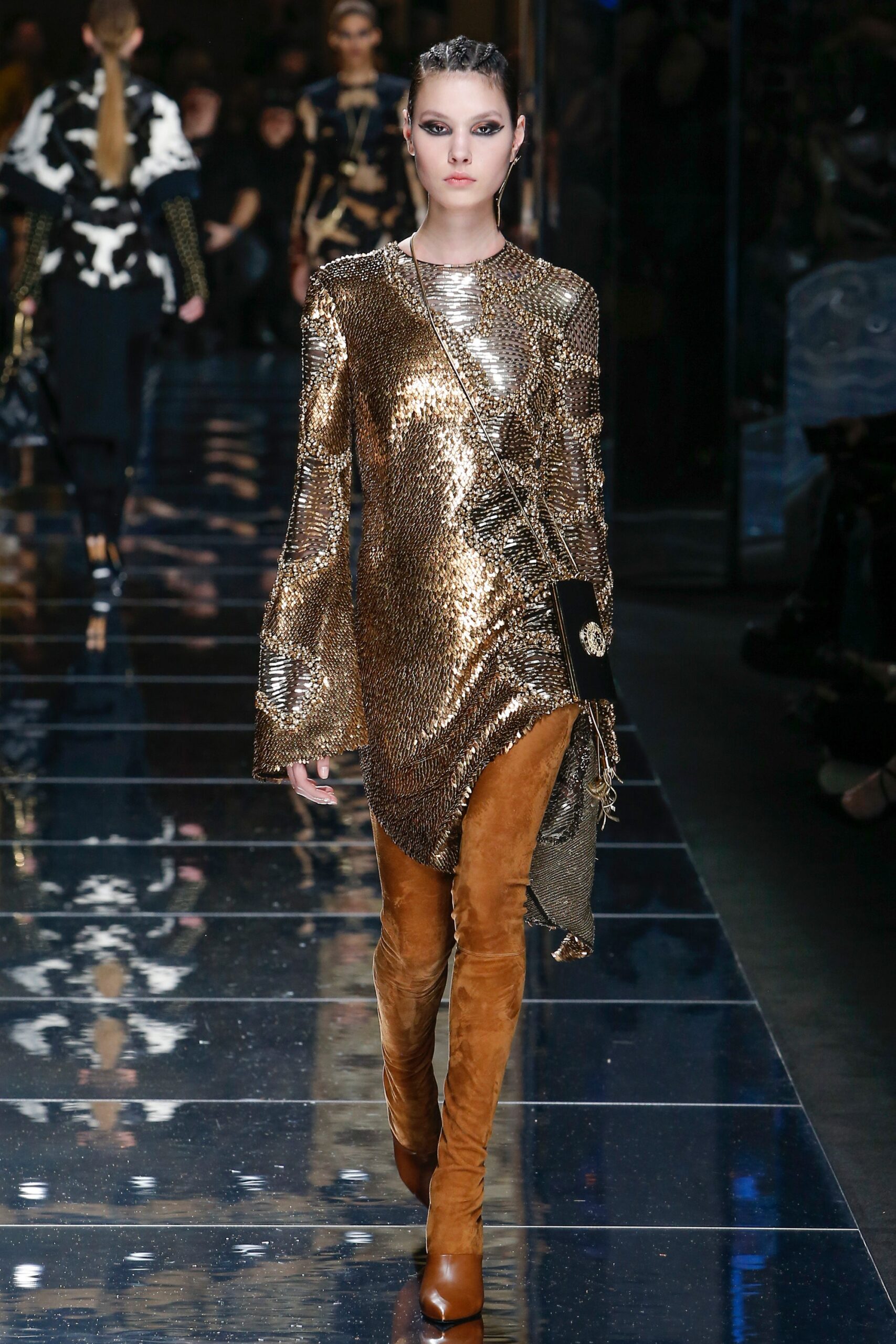 gold metallic long-sleeve asymmetric fitted draped shiny dress