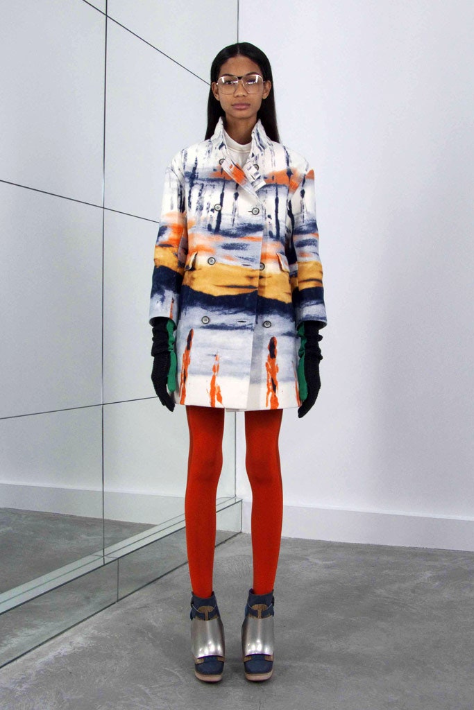 color-blocked fitted coat with red pants