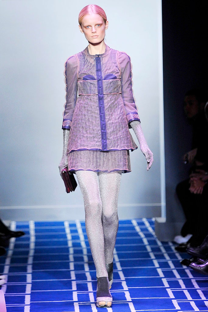 purple silk long-sleeve collared fitted pleated layered dress