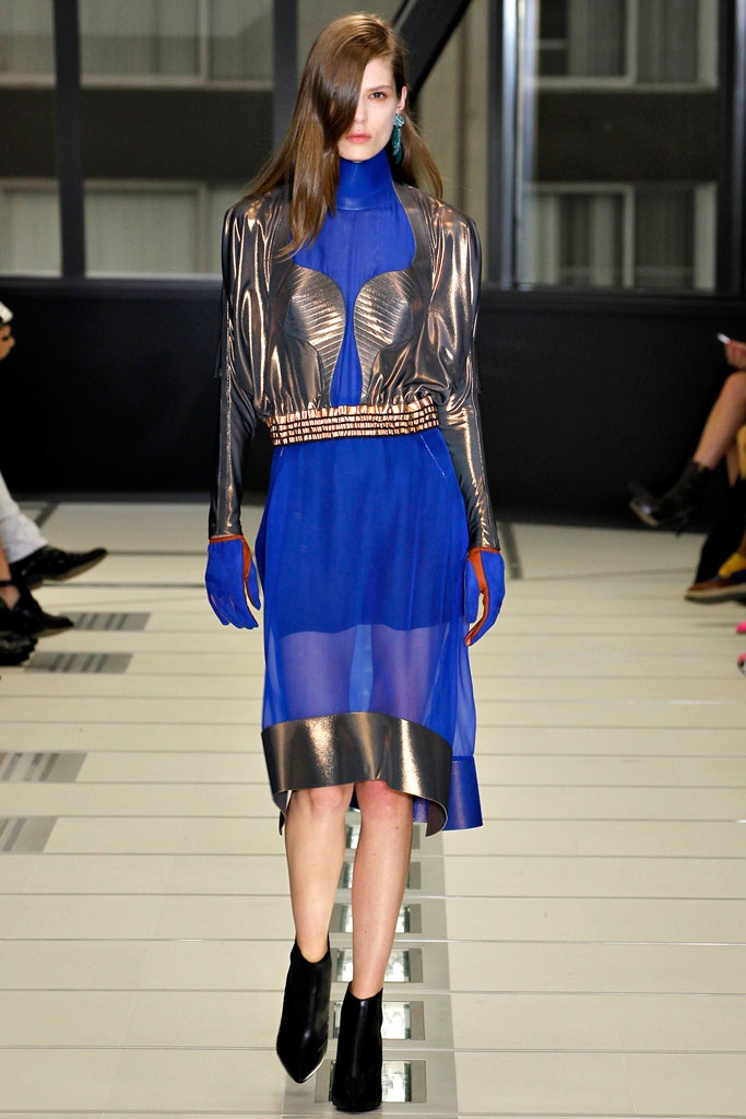 blue midi dress with gloves